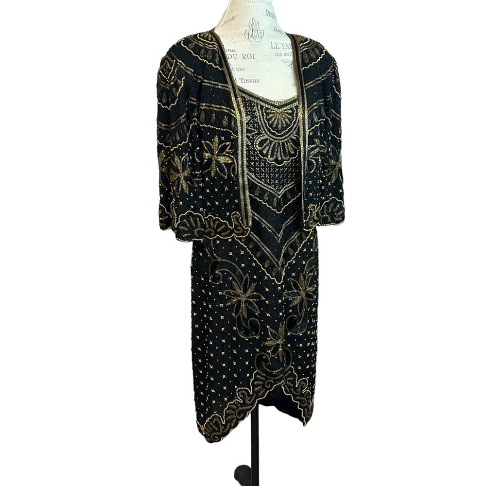 Vintage Zorro silk black gold beaded Gatsby Lillie Rubin  style dress jacket M